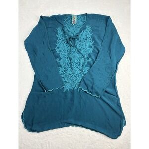 Johnny Was Tania Tunic Blue Boho Hippie Embroidered Long Blouse Top Womens Large